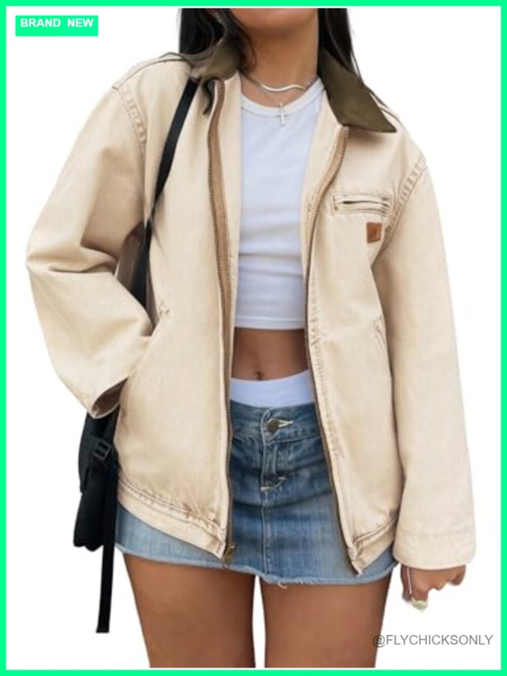 Cropped Denim Barn Jacket Zip Up Jean Jacket Lightweight Casual